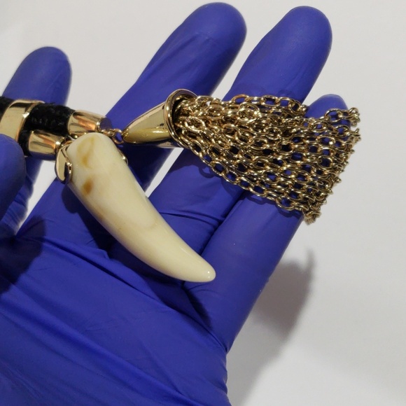 Edgy Gold Black Cord Necklace – Tassel & Faux Tooth Pendant Statement Jewelry - Picture 8 of 9